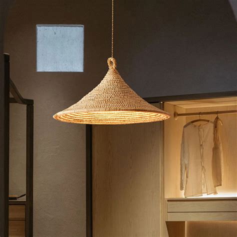 Wabi Sabi Hardwired Rattan Straw Hat Pendant Light Home Decor Lamp