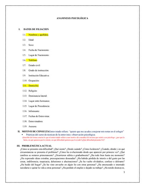 Anamnesis Psicol Gica Modelo Anamnesis Psicol Gica I Datos De