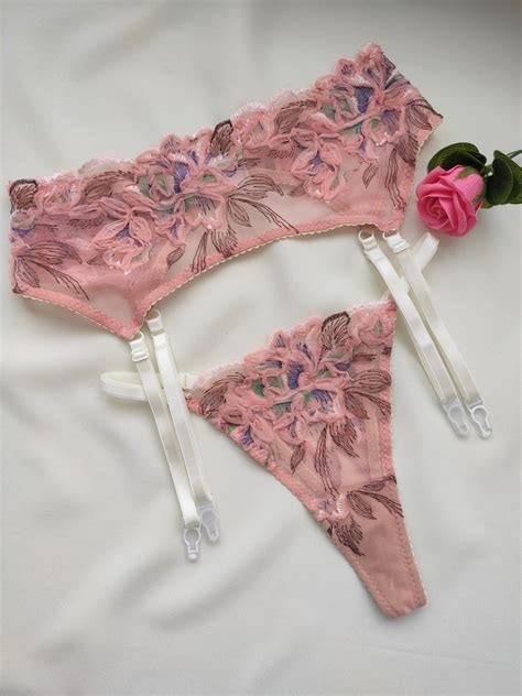 Flower Embroidered Lingerie Setpink Lace Lingerie Etsy