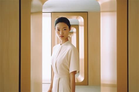 Premium AI Image | A woman stands in a hallway with a row of mirrors.