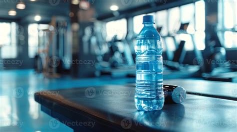 Stylish water bottle and fitness tracker in a modern gym. Concept of