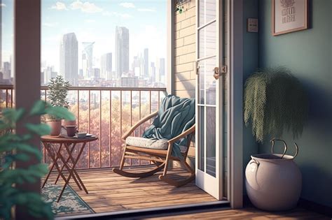 Premium Ai Image A Cozy Balcony Retreat With Rocking Chair And A View