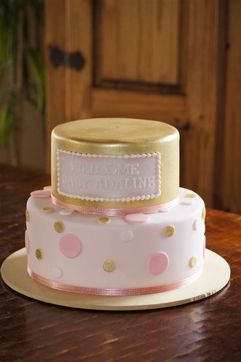 Tiered Pink And Gold Sparkle Baby Shower Cake With Polka Dots Baby