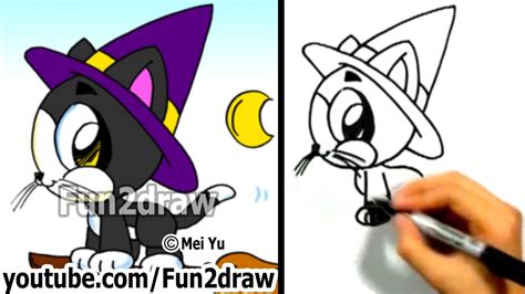 How To Draw A Cat Cute Kitty Halloween Witch Cat Fun2draw Easy