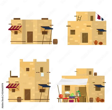 Vector Set Of Traditional Middle Eastern Houses And Market Arabian