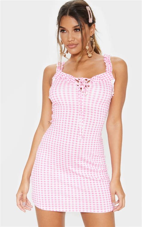 Pink Gingham Frill Detail Shift Dress Prettylittlething