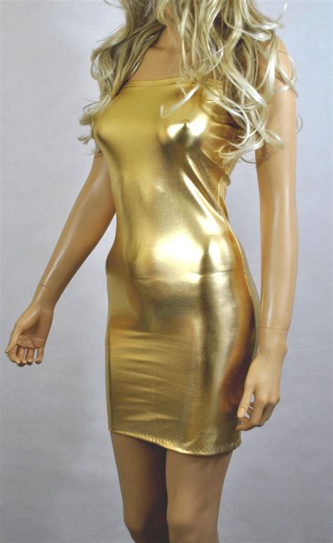 Metallic Mini Dress Gold Wet Look Strapless Stretch Boob Tube Bodycon