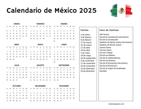 Calendario México 2025 Con Festivos Para Imprimir Gratis