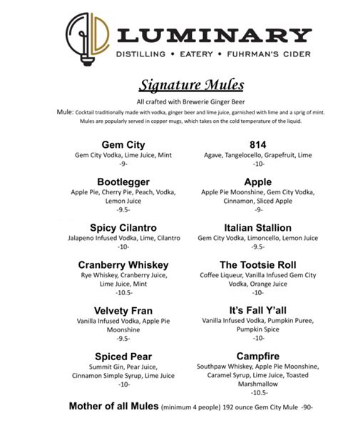 Distillery Eatery Drink Menus Luminary Distilling LLC