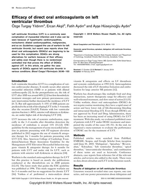 Pdf Efficacy Of Direct Oral Anticoagulants On Left Ventricular Thrombus