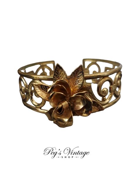 Vintage 50s Gold Metal Flower Cuff Bracelet Gold Floral Bangle Etsy