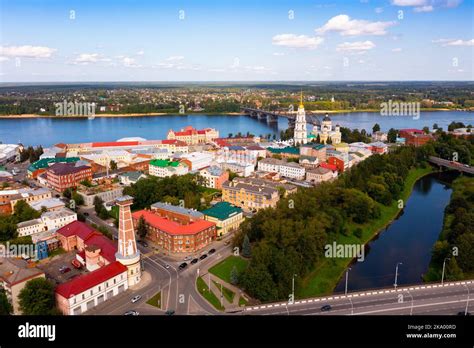 Drone View Of The City Of Rybinsk With The Bridge Over The Volga River