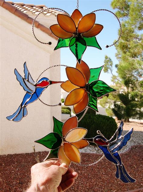 Stained Glass Suncatcher Hummingbirds With Flowers 412 Etsy