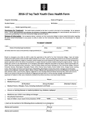 Fillable Online Ivytech Health Form Ivy Tech Community College