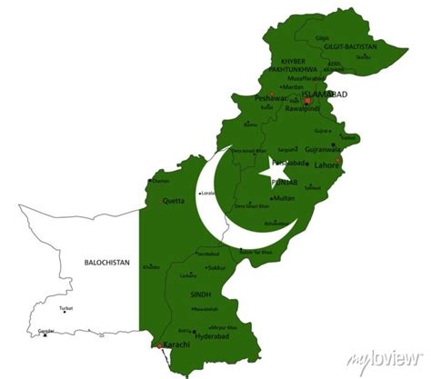 Pakistan Highly Detailed Political Map With National Flag Isolated