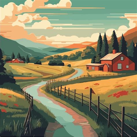 Premium Vector A Painting Of A Country Road With A House And