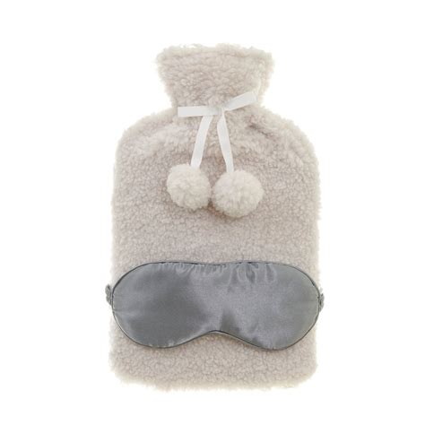 Cream Teddy Bouclé Hot Water Bottle Satin Eye Mask Set