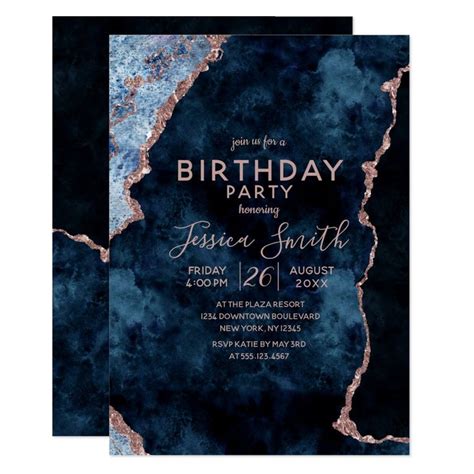 Navy Blue And Rose Gold Birthday Party Invitation Gold Birthday Party Rose Gold