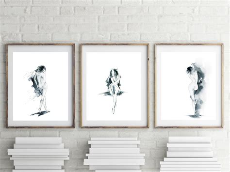 Indigo Blue Woman Figures Art Prints Set Abstract Nude Etsy
