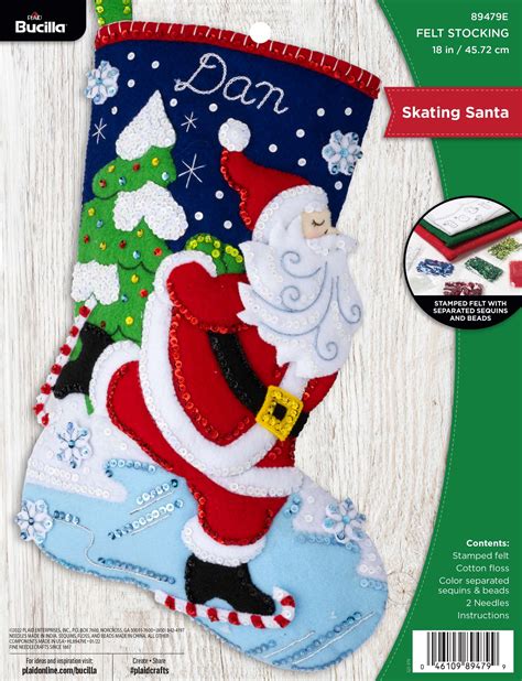 Bucilla Felt Applique Christmas Stocking Kit Skating Santa