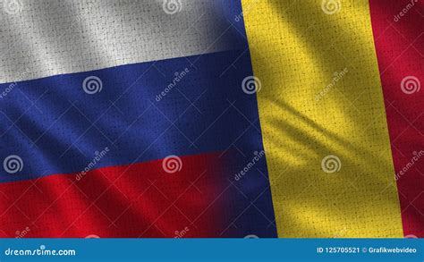 Russia And Romania Two Flag Together Fabric Texture Stock Image