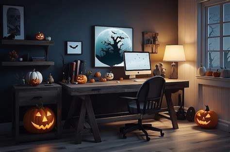 Modern Home Living Room With Workstation At Halloween Night With White