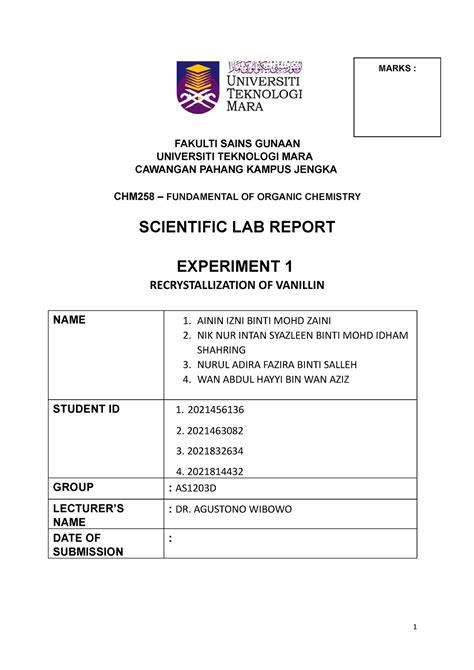 Chm Lab Report Experiment Fakulti Sains Gunaan Universiti