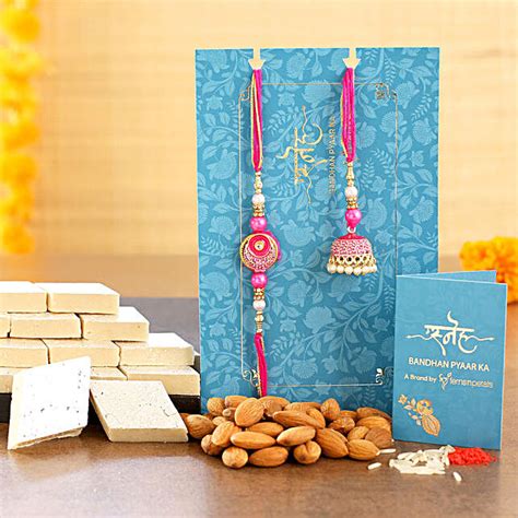 Meenakari Lumba Rakhi Set And Almonds With Kaju Katli Canada Gift