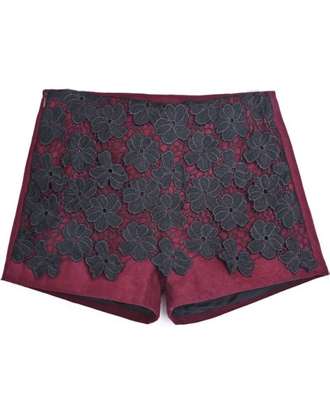 Red Contrast Lace Embroidered Shorts Sheinsheinside