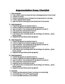 Argumentative Essay Checklist For Students By Tamara Bakenhus Tpt