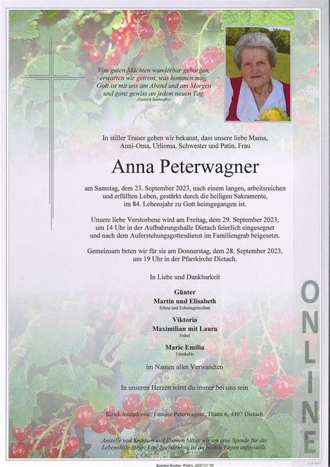 Anna Peterwagner 83 Bestattung Bruckner Wolfern Bei Steyr