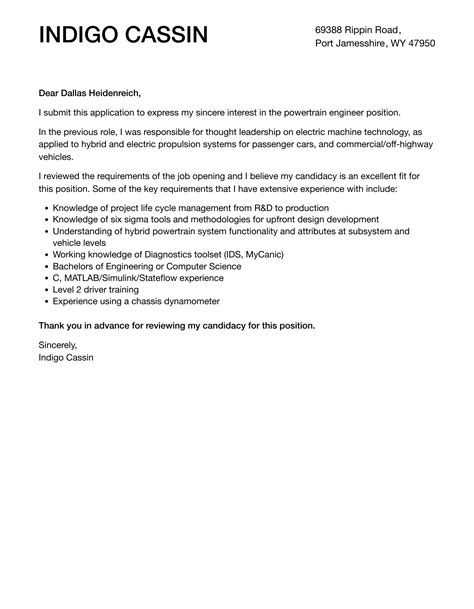 Powertrain Engineer Cover Letter Velvet Jobs