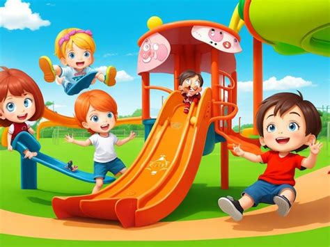 Счастливые дети играют на детской площадке | Премиум Фото