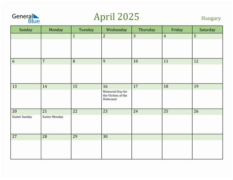 Fillable Holiday Calendar for Hungary - April 2025