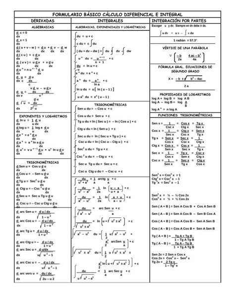 PDF FORMULARIO BÁSICO CÁLCULO DIFERENCIAL E INTEGRAL formulario