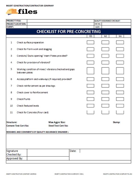 Quality Assurance Checklist Pre Concreting Construction Documents And Templates