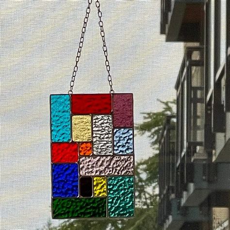 Stained Glass Diamond Shape Rainbow Suncatcher Abstract Geometric Panel Handmade In England