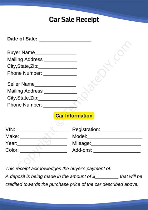 Car Sale Receipt Template Blank Printable Pdf Excel And Word