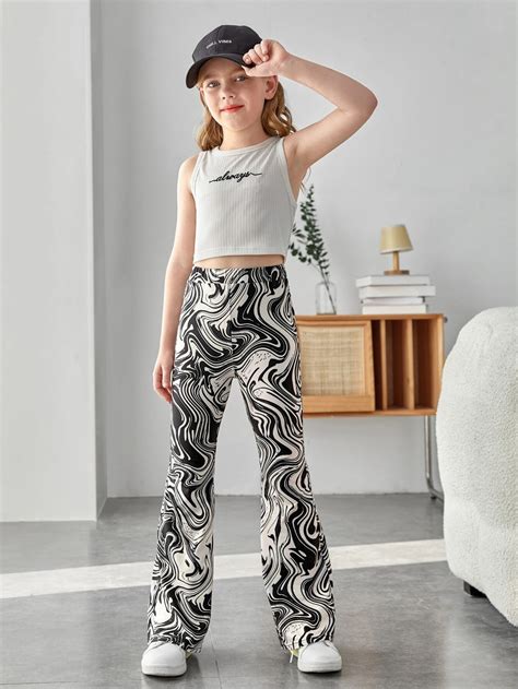 Shein Girls Marble Print Flare Leg Trousers Shein Uk