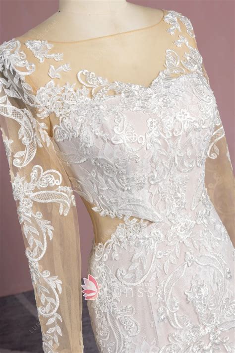 Elegant Pink Nude Mermaid Long Sleeve Wedding Dress Lunss