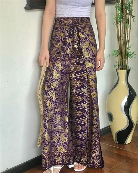 Purple Gold Cotton Batik Wrap Pants Bali Beach Pants Handmade Batik