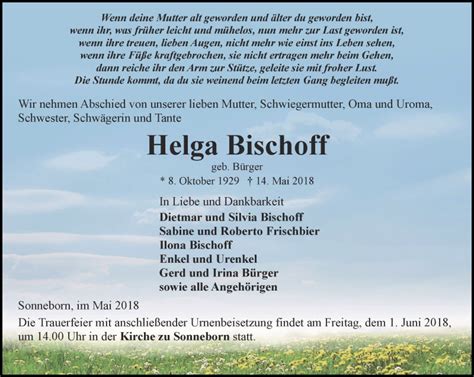 Traueranzeigen Von Helga Bischoff Trauer In Thueringen De