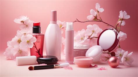 Fond Divers Produits Cosmétiques Sur Des Fleurs De Cerisier Roses Fond