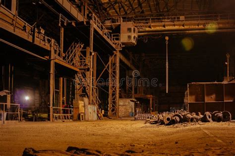 Old Broken Empty Abandoned Industrial Building Interior at Night Stock ...