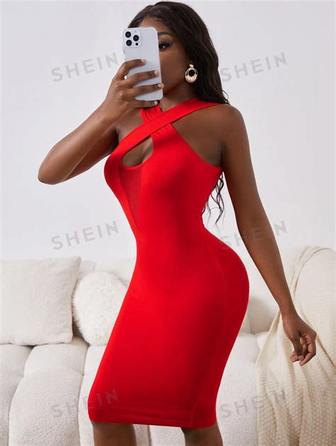 Shein Slayr Figurbetontes Kleid Mit Mesh Kreuzgurt Vorne Aktuelle