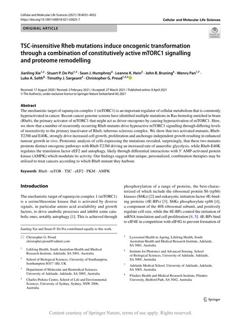 Tsc Insensitive Rheb Mutations Induce Oncogenic Transformation Through