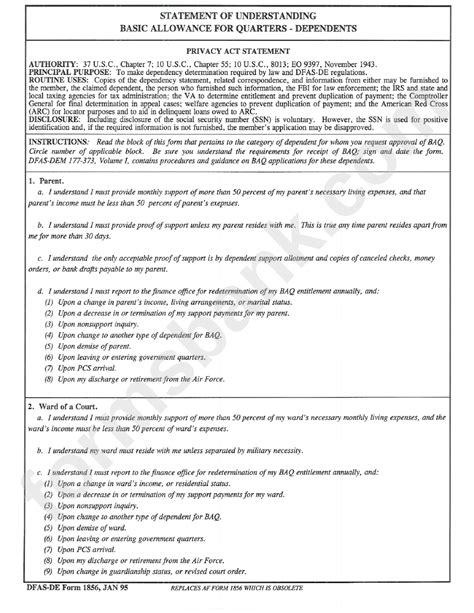 Dfas De Form 1856 Statement Of Understanding Printable Pdf Download