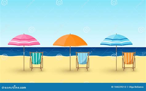 Vector Cartoon Illustration Of Sandy Beach Chairs Umbrellas On Sea