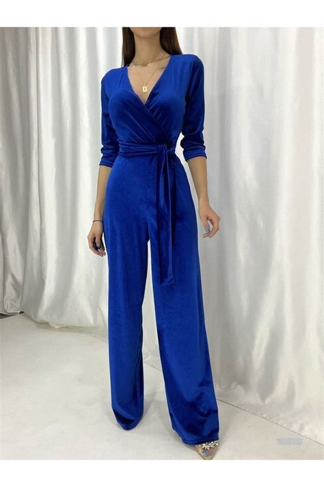 Secret Passion Lingerie Esnek Kadife Kumaş Kruvaze Yaka Kuşaklı Uzun Abiye Tulum