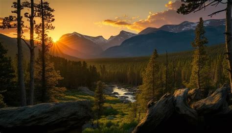 Premium AI Image | Sunset over a mountain valley with mountains in the ...